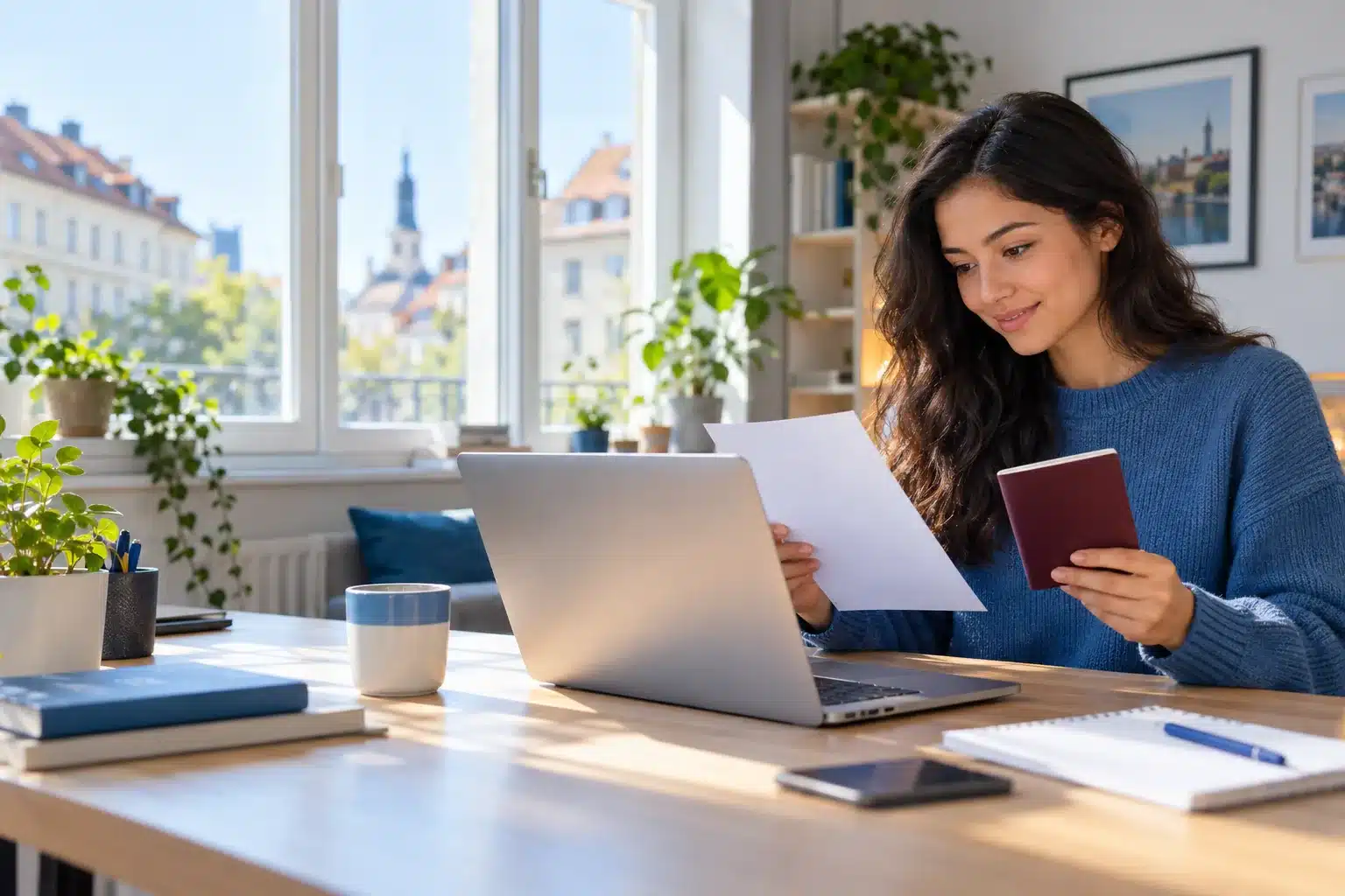 sperrkonto 1 Internationale Studentin prüft Unterlagen zur Eröffnung eines Sperrkontos am Laptop